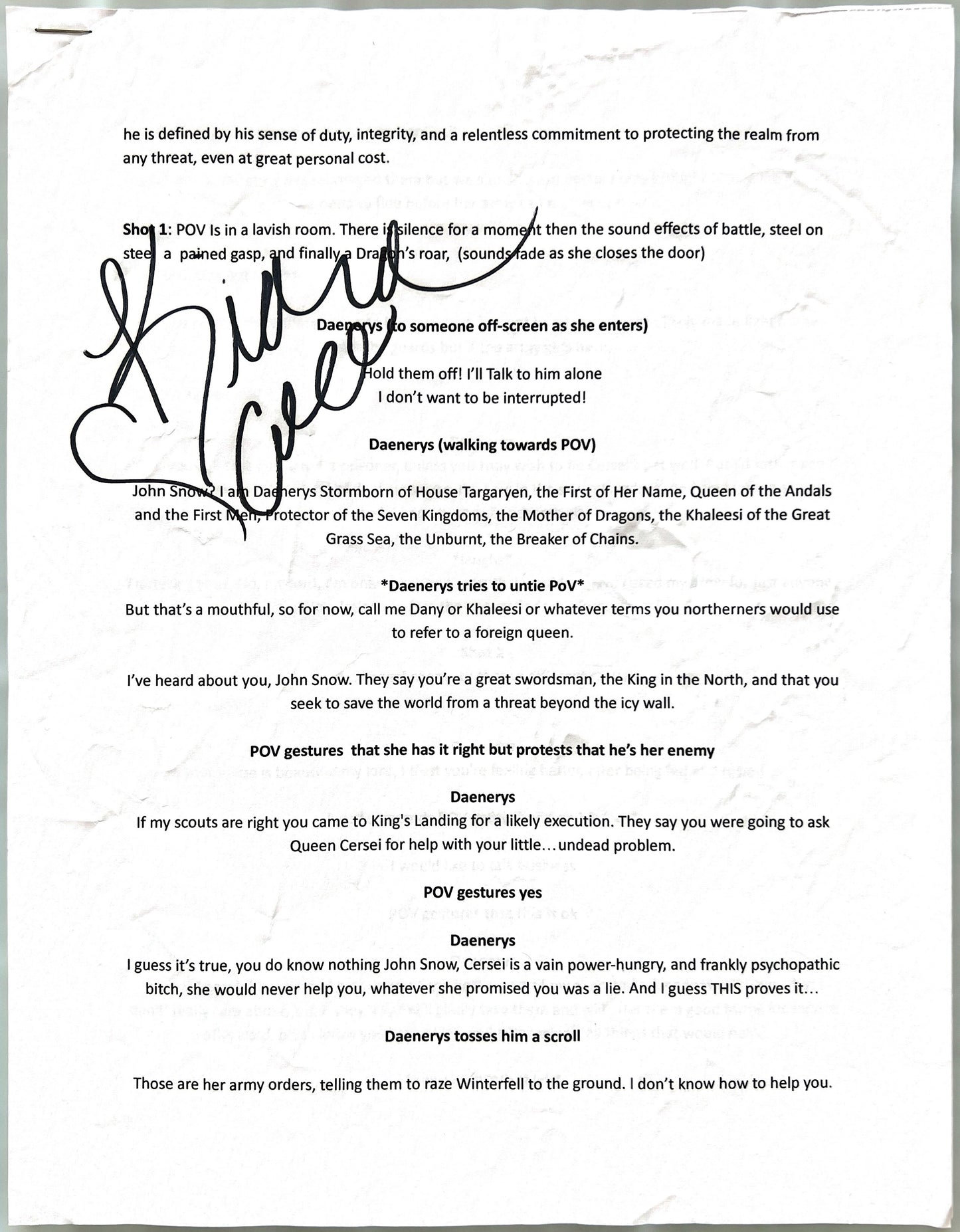 “Game of Thrones: Daenerys Targaryen (A Parody)” Signed Script